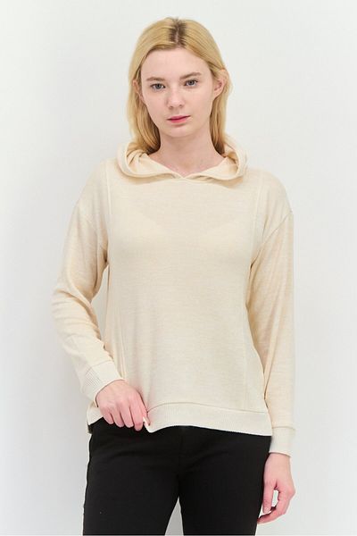 89th + Madison Women Hooded Herringbone Long Sleeves Sweatshirt, Beige