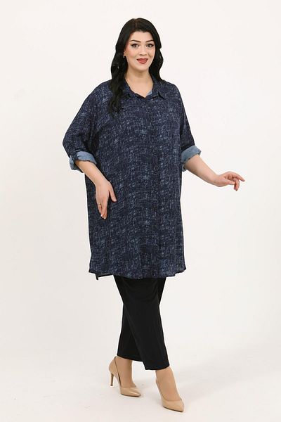 By Alba Collection Women's Navy Blue Patterned Cotton Viscose Large Size Tunic