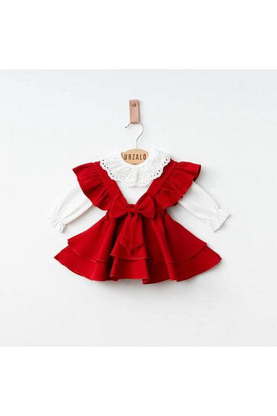 Minimely Baby Girl Red Dress Lace Collar Body Set
