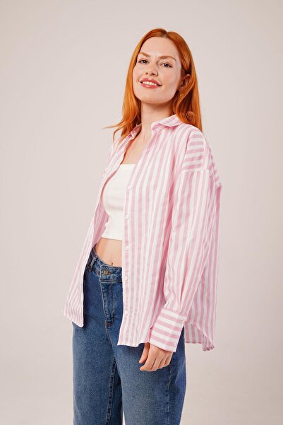 Melek Moda Eyesof Striped Relaxed Fit Pink Shirt