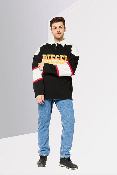 Diesel Men Spread Collar Long Sleeves Brand Logo Sweatshirt, Black