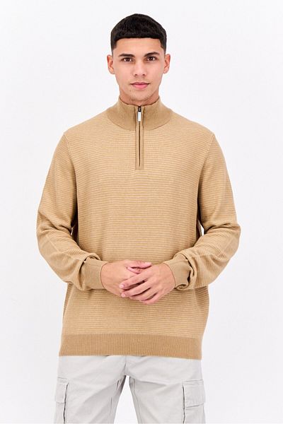 Perry Ellis Men Crew Neck Textured Long Sleeves Sweater, Tan Combo