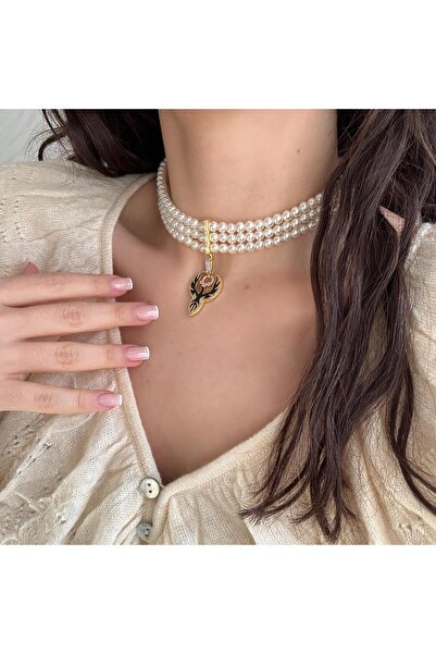 Alice İsstanbul Siyah Mineli İncili Anka Choker Kolye