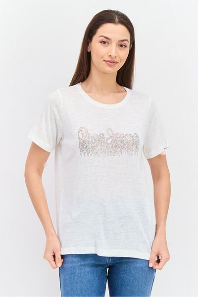 Pepe Jeans Women Round Neck Short Embellished T-shirt, Off White