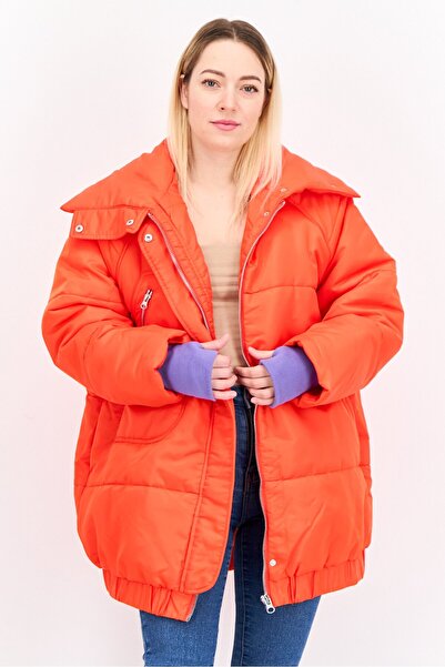 ASYOU Women Quilted Puffer Jacket, Reddish Orange