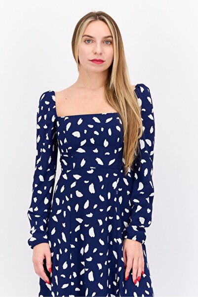 OPT Women Allover Print Midi Dress, Navy Blue/White