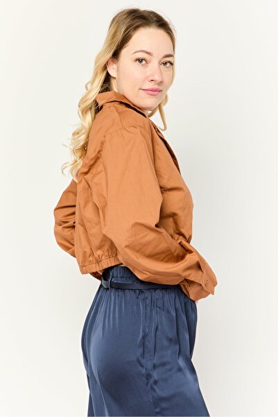 Public Desire Women Notched Collar Long Sleeve Solid Croppe Blouse, Light Brown