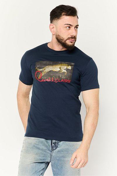 Cavalli Class Men Round Neck Short Sleeve Graphic Print T-shirt, Navy Combo
