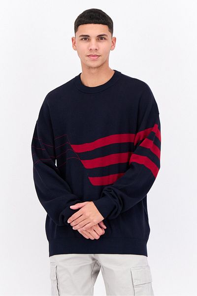 Perry Ellis Men Crew Neck Stripe Sweater, Navy