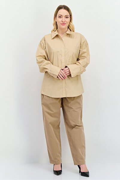 NIA Women Spread Collar Long Sleeve Plain Shirt, Beige