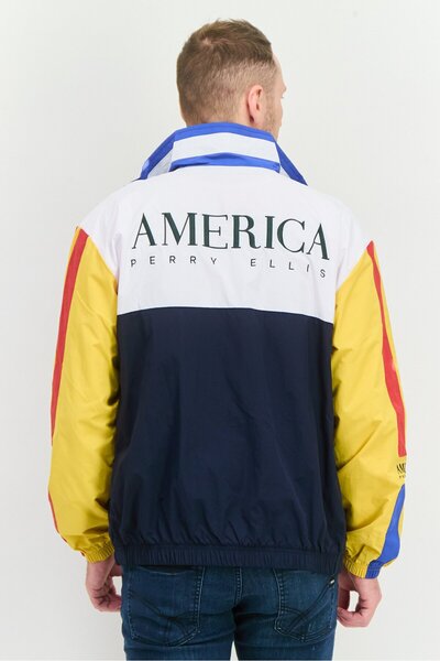 Perry Ellis Men Embriodered Logo Windbreaker Jacket , Navy Blue Combo