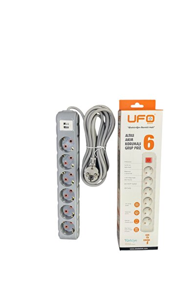 UFO Akım korumalı grup 2.5 mt Gri 6’lı ve 2’li USB şarj aleti 2500 watt