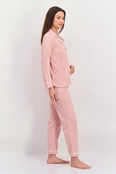 Anne Klein Women 2 Pieces Long Sleeve Polka Dots Top And Pajama Set, Dusty Pink