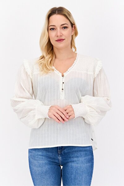 Pepe Jeans Women V-Neck Long Sleeves Textured Blouse, Off White