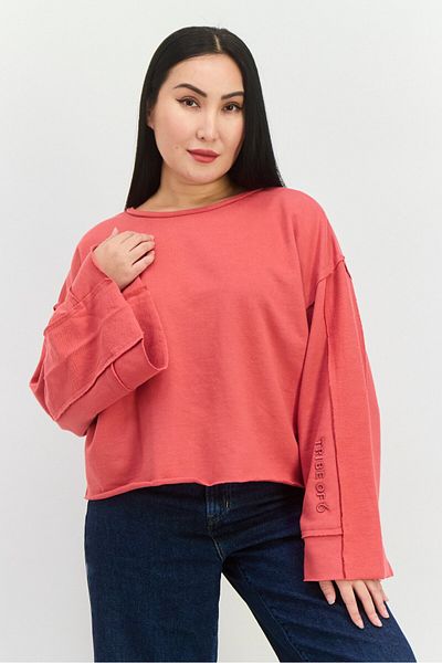 Tribe of 6 Women Round Neck Embroidered Logo Long Sleeve Sweatshirt, Red