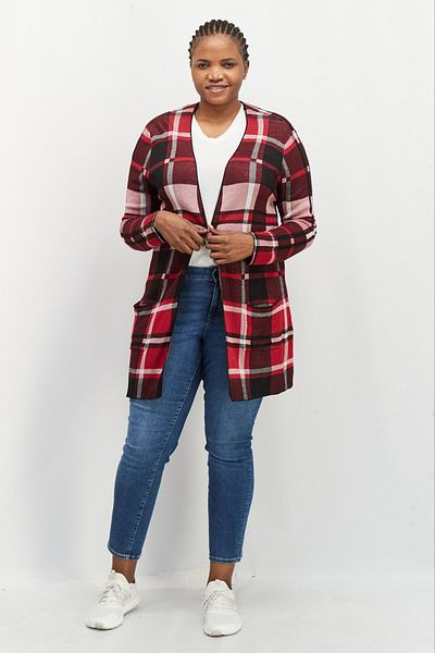 Joseph A Women Plus Size Open Front Plaid Cardigan, Red Combo