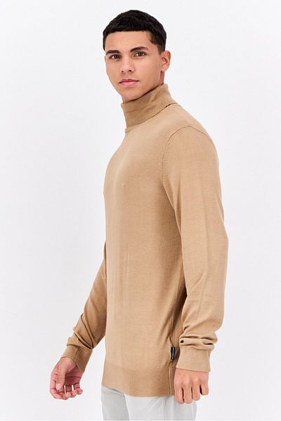French Connection Men Turtle Neck Long Sleeves Knitted Sweater, Tan