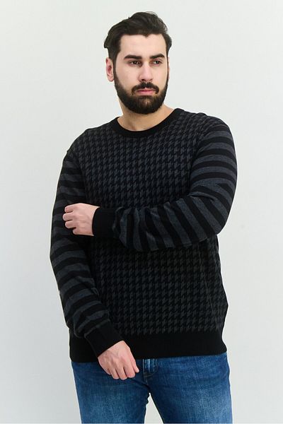 Perry Ellis Men Crew Neck Long Sleeves Allover Printed Sweater, Black