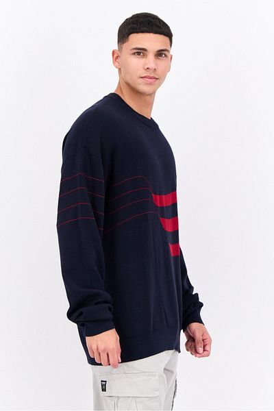 Perry Ellis Men Crew Neck Stripe Sweater, Navy