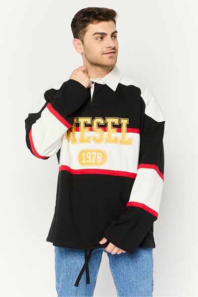 Diesel Men Spread Collar Long Sleeves Brand Logo Sweatshirt, Black