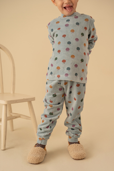 Kirazkids ELMA DESENLİ MAVİ KADİFE TAKIM
