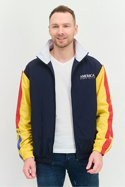 Perry Ellis Men Embriodered Logo Windbreaker Jacket , Navy Blue Combo