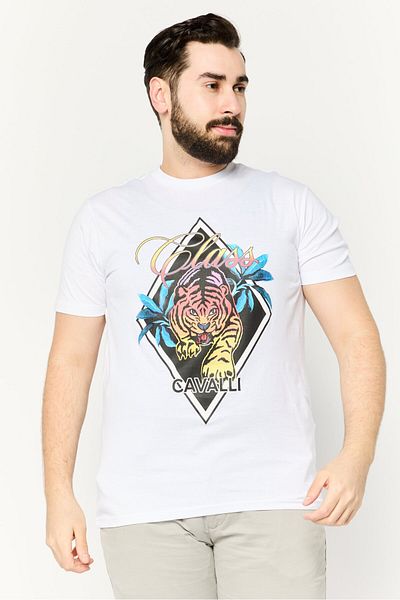 Cavalli Class Men Crew Neck Short Sleeve Graphic Print T-shirts, White