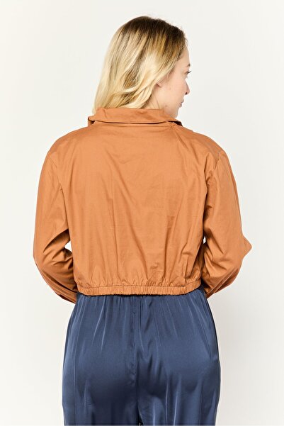 Public Desire Women Notched Collar Long Sleeve Solid Croppe Blouse, Light Brown