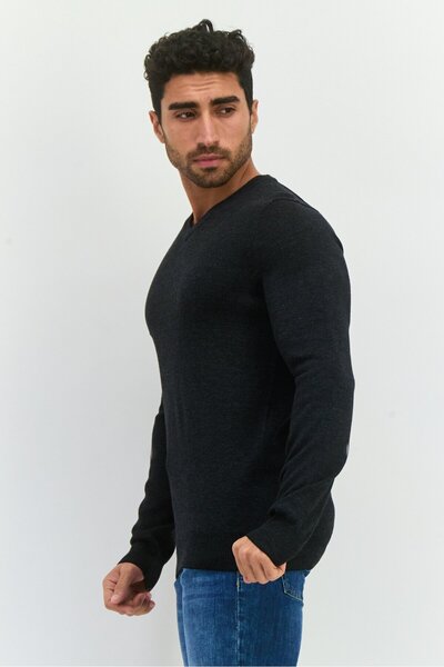 Perry Ellis Men V-Neck Long Sleeve Textured Sweatshirt, Black