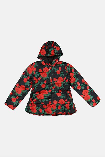 Nicole Miller Kids Girl Floral Print Puffer Jacket, Black