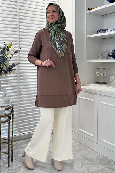 Rabia Şamlı Πλεκτό Τουνίκ - Gonca Stone Milky Brown