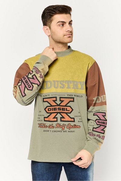 Diesel Men Crew Neck Graphic Print Long Sleeves Sweatshirt, Olive