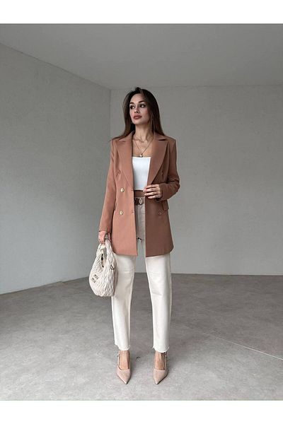 CinneMadonna Women's Brown Atlas Gold Button Double Breasted Jacket