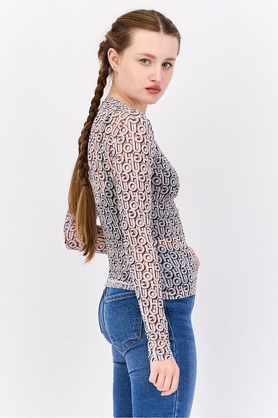 Hugo Boss Women Mock Neck Long Sleeve Allover Print Top, White/Pink