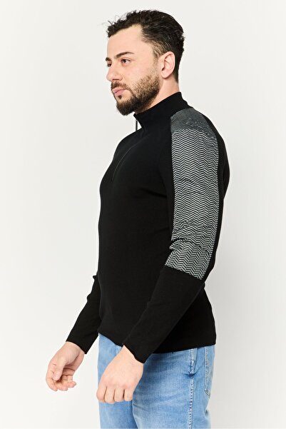 Perry Ellis Men Mock Neck Chevron Detail Quarter Zip Sweater, Black