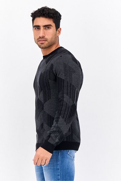Perry Ellis Men Crew Neck Long Sleeves Allover Print Sweater, Black