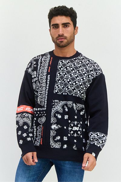 Gas Jeans Men Crew Neck All Over Printed Long Sleeve Sweatshirt, Navy