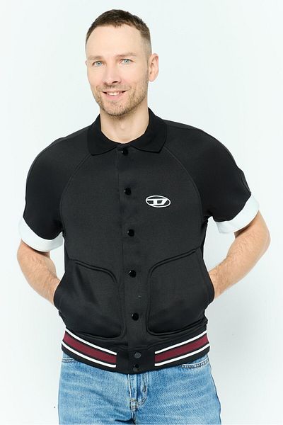 Diesel Men Spread Collar Short Sleeves Brand Logo Cardigan, Black Combo