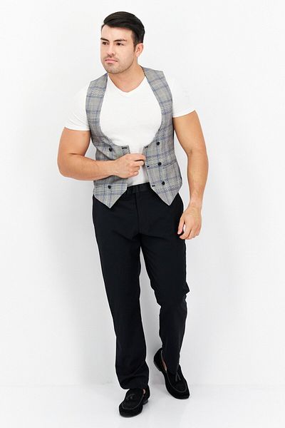 Twisted Tailor Men Regular Fit Plaid Vest, Grey/blue