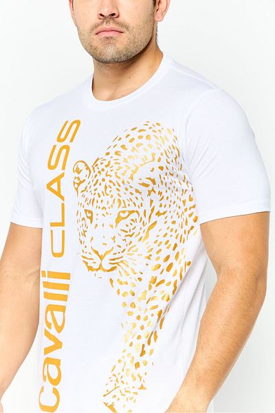 Cavalli Class Men Round Neck Short Sleeve Graphic Print T-shirt, White