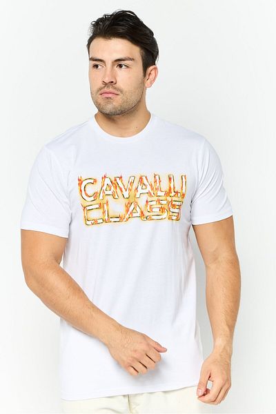 Cavalli Class Men Round Neck Short Sleeve Graphic Print T-shirt, White