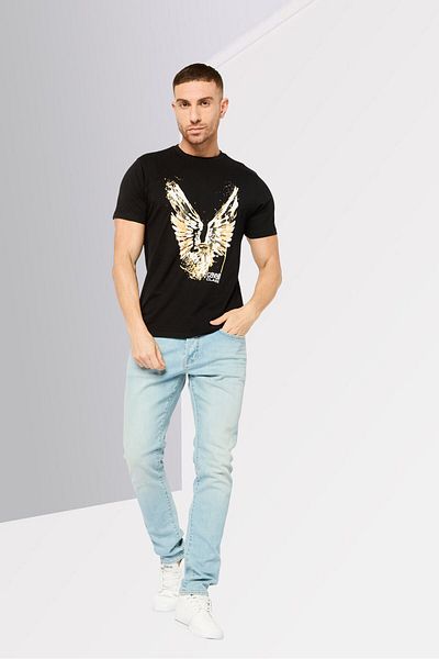 Cavalli Class Men Round Neck Short Sleeve Graphic Print T Shirt, Black Combo