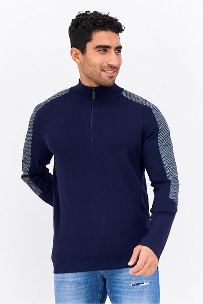 Perry Ellis Men Mock Neck Chevron Detail Quarter Zip Sweater, Navy