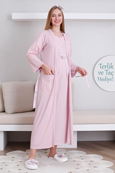 ERDENİZ TEKSTİL Hamile Gecelik & Sabahlık Takım / Cepli Sabahlık & V yaka Kıs...