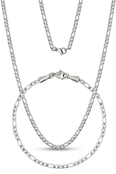Takı Dükkanı Men's Thin Figaro Steel Chain Necklace and Bracelet Set - 4mm eck55s