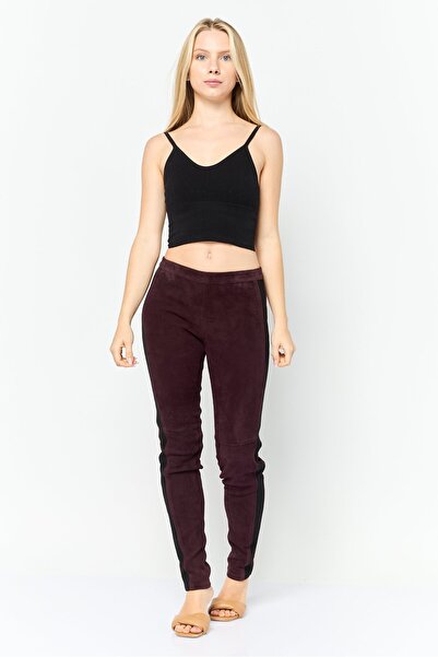 Tommy Hilfiger Women Regular Fit Plain Suede Leather Pants, Maroon