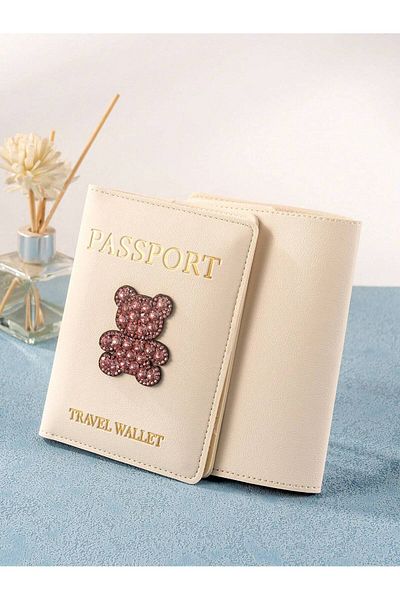 Fivy Faux Leather White Color Passport Case, Pink Stone Teddy Bear Detail