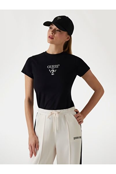 Guess Jeans تي شيرت نسائي أسود مع شعار أمامي من جينز جيس