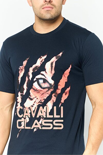Cavalli Class Men Round Neck Short Sleeve Graphic Print T-Shirt, Navy Combo
