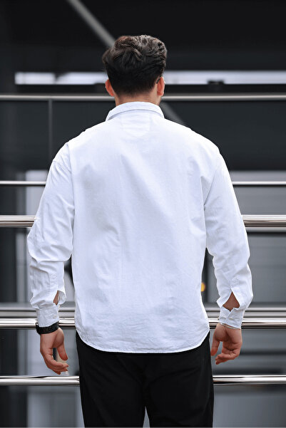 Valiberta Cămașă pentru bărbați cu mânecă lungă din țesătură de bumbac York cu guler cu jumătate de plăcuță - albă